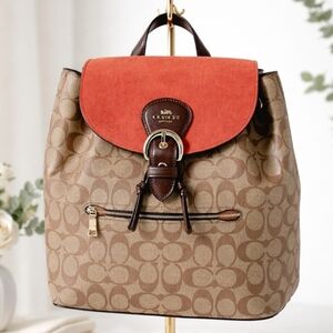 Coach Signature Canvas Backpack Khaki Brown Tan Coral Flap Buckle‎ Front Bag